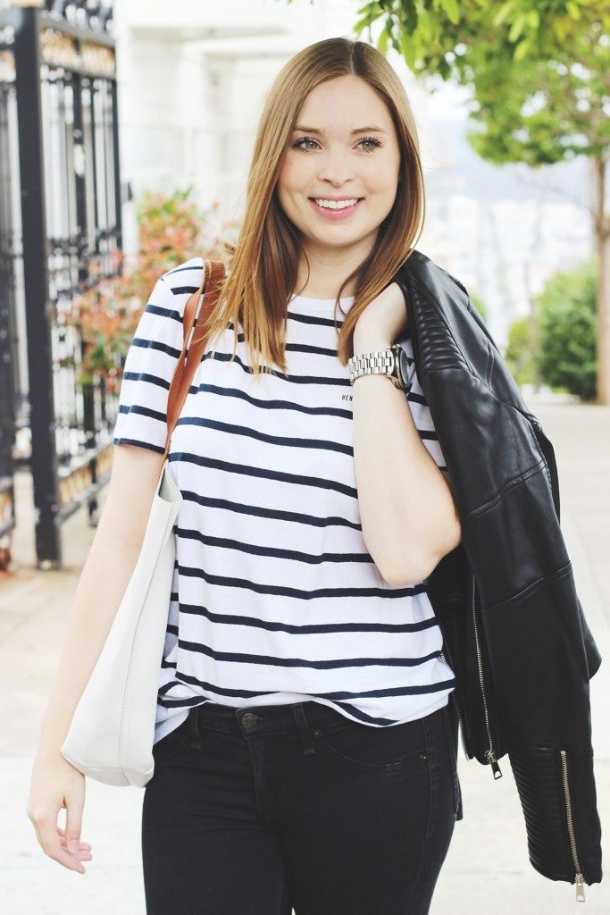 striped tee and jeans with jacket