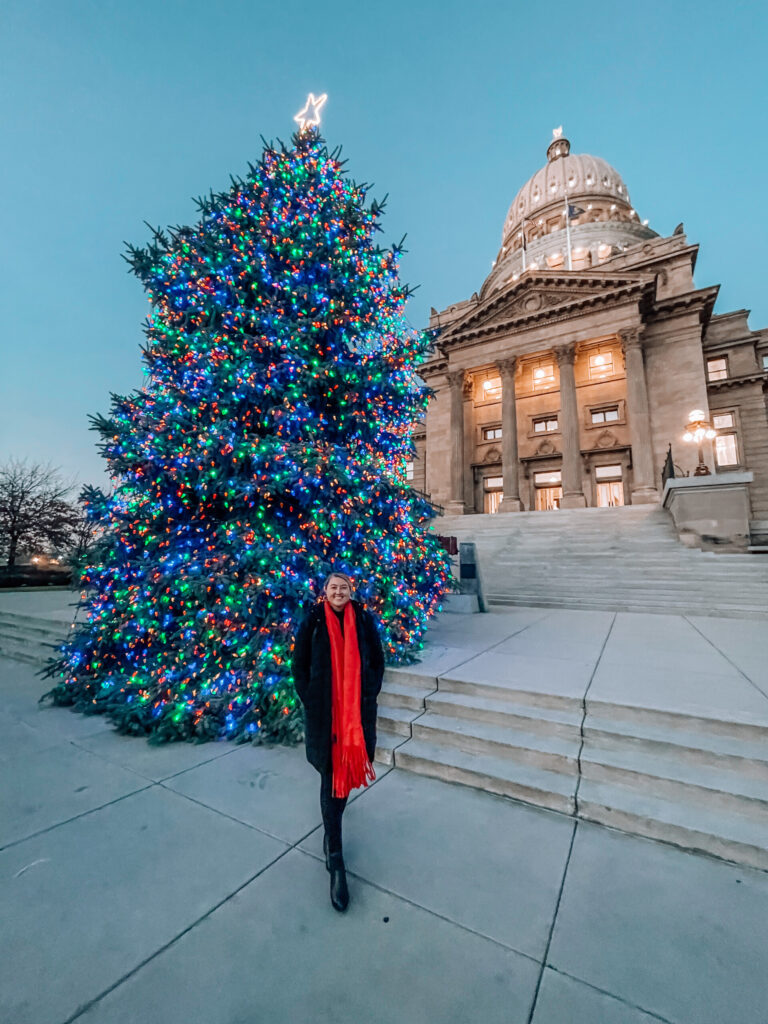 Christmas tree in front of Boise Capitol Building